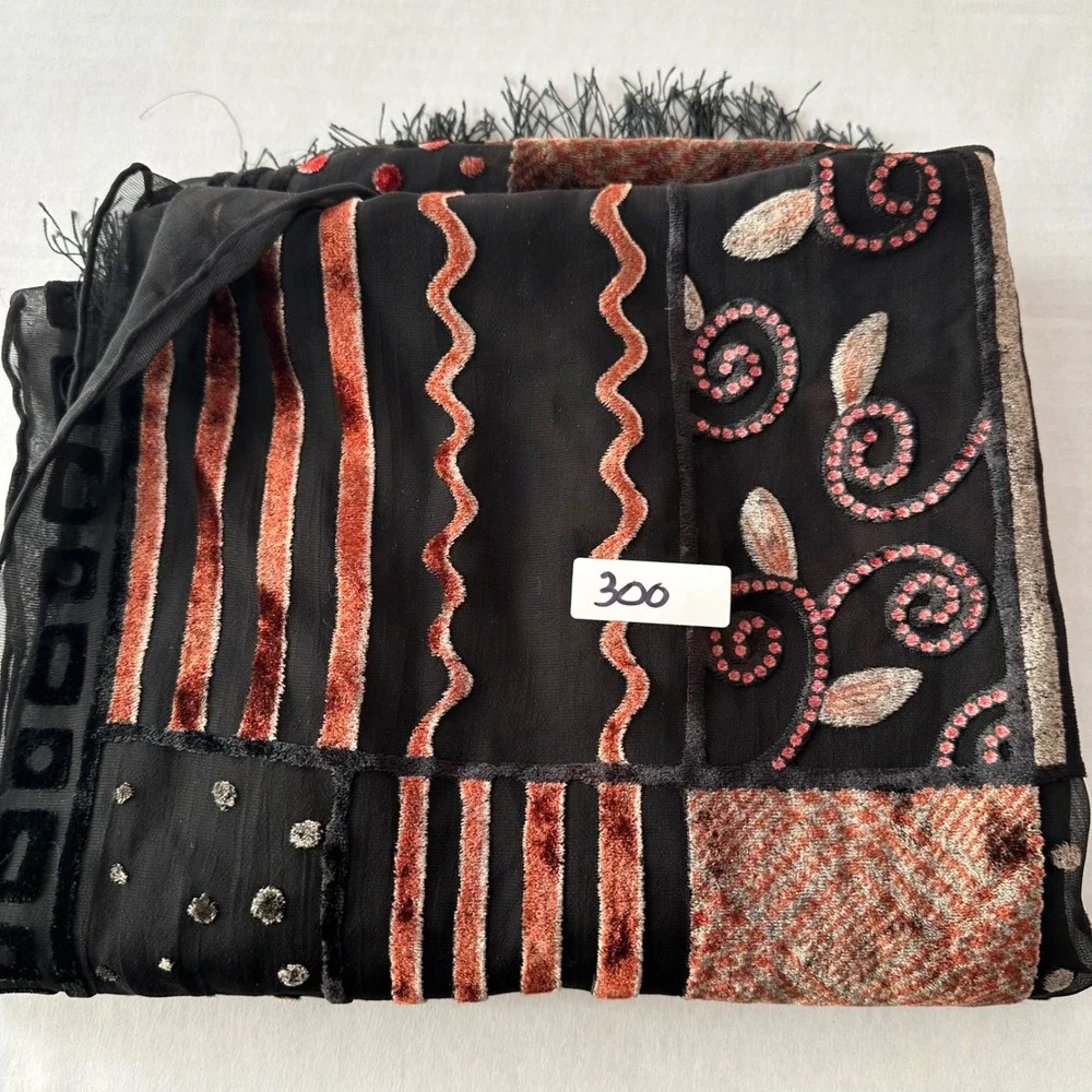 Vintage Silk Burnout Velvet Patchwork Floral Fringe Scarf Shawl Black Red Gold